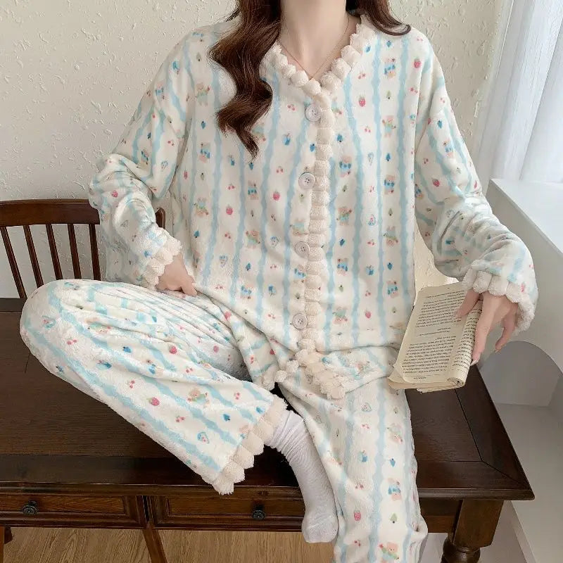 LIZAKOSHT  -  Coral Fleece Pajamas Women Autumn Winter Print Thickened Plush Sleepwear Cardigan Suit Warm Soft Homewear Long Sleeves Pajamas