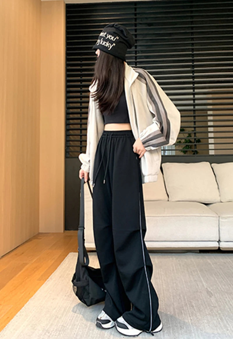 LIZAKOSHT  -  American Sweatpants Women  Fall Chic Fashion Casual Wide-Leg Pants Straight Parachute Loose Side Striped Soild Cargo Trousers