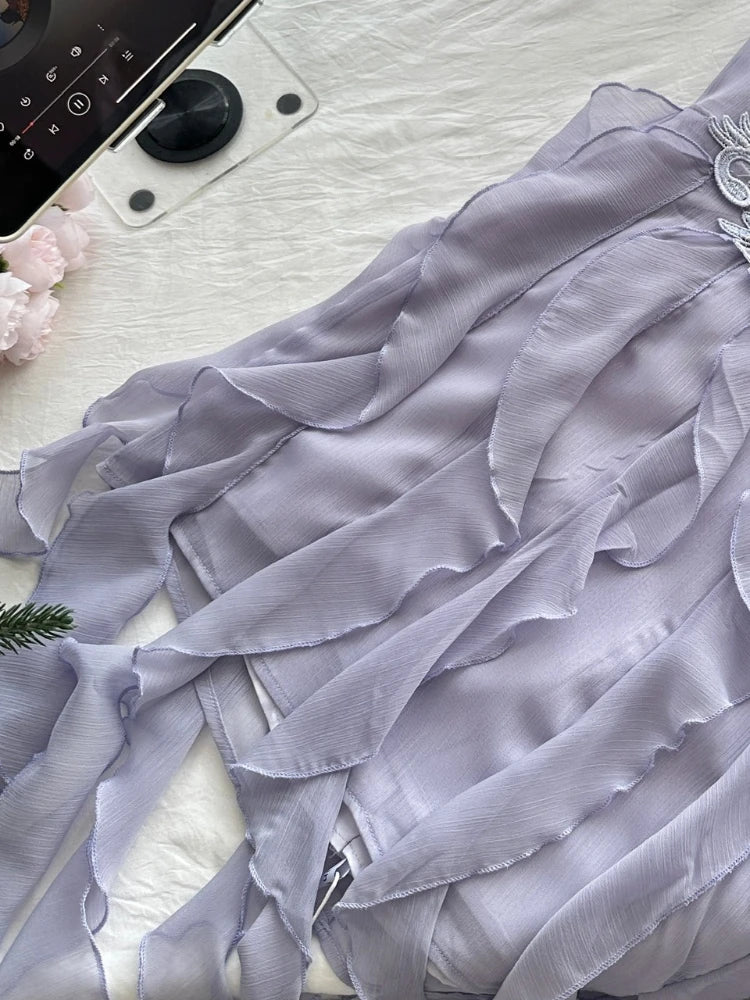 LIZAKOSHT  -  Women's Purple Flower Butterfly Dress Y2K French Casual Elegant Aesthetics 2000s Style Cute Party Retro Dress Clothing 2025 New