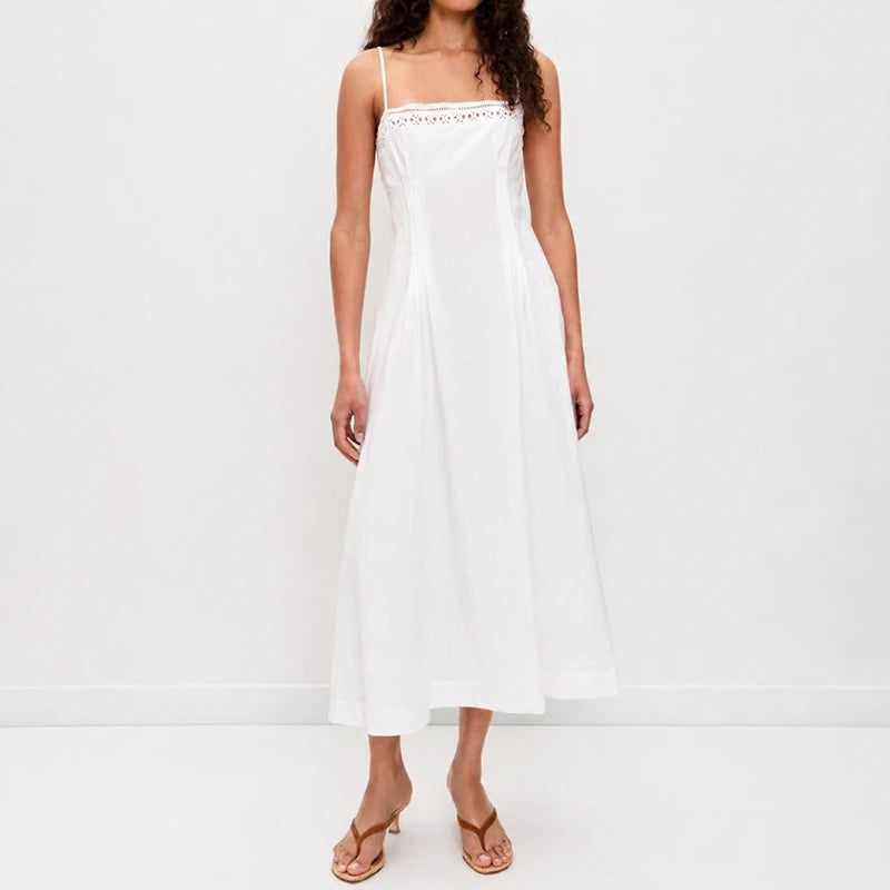 LIZAKOSHT  -  Women Sexy Simple Backless Hollow Long Dress Elegant Waist Embroidery vacation Dresses Off Shoulder Sleeveless Suspenders Dress