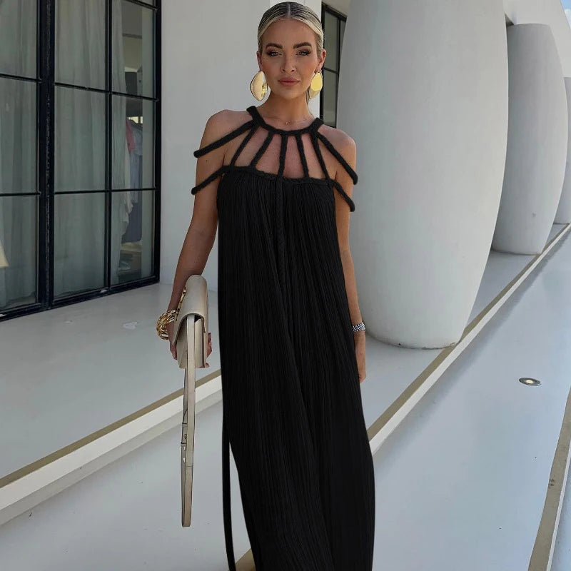 LIZAKOSHT  -  Fashion Halter Long Dress For Women Sleeveless Backless Draped Slip Lace Up Robe 2025 Summer Elegant Female Daily Beach Dresses
