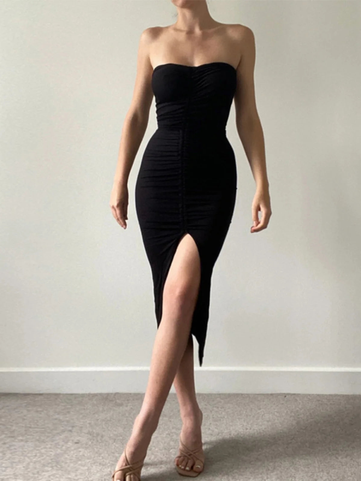 LIZAKOSHT  -  Summer New Dstring Pleated ter Dr Sexy Tight Wrap around Bodycon Long Skirt without Sve Polyester Fiber Midi Dr