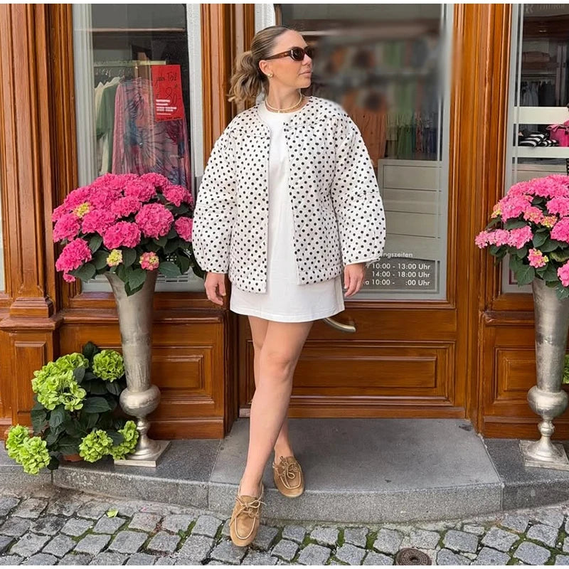 LIZAKOSHT  -  Polka Dot Cotton Jacket Women Long Sleeve O-neck Thicken Warm Autumn Female Coat Lined Winter Casual Street Outwear Top