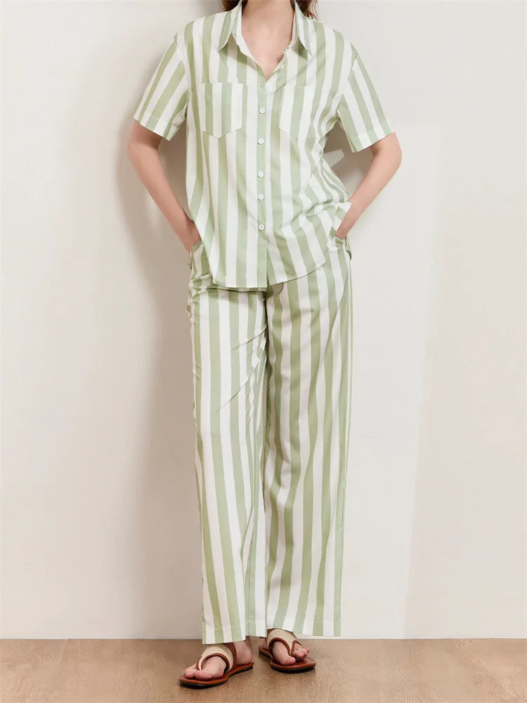 LIZAKOSHT  -  Women Striped Print 2 Pieces Pajama Set Short Sleeve Buttons Up Shirts with Elastic Waist Wide Leg Pants Outfits