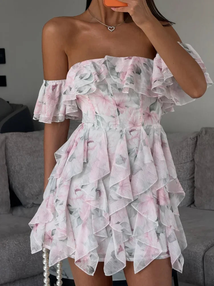 LIZAKOSHT  -  Women Pink Floral Print Chiffon Mini Dress Off Shoulder Short Sleeve Layer Ruffle Hem Summer Dresses Beach Vacation Party Gown