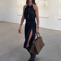 LIZAKOSHT  -  Summer Solid Color Fit Commute Lady Dress Fashion Sleeveless Hollow Out Maxi Dress Elegant High Waist Backless Pleat Party Dress