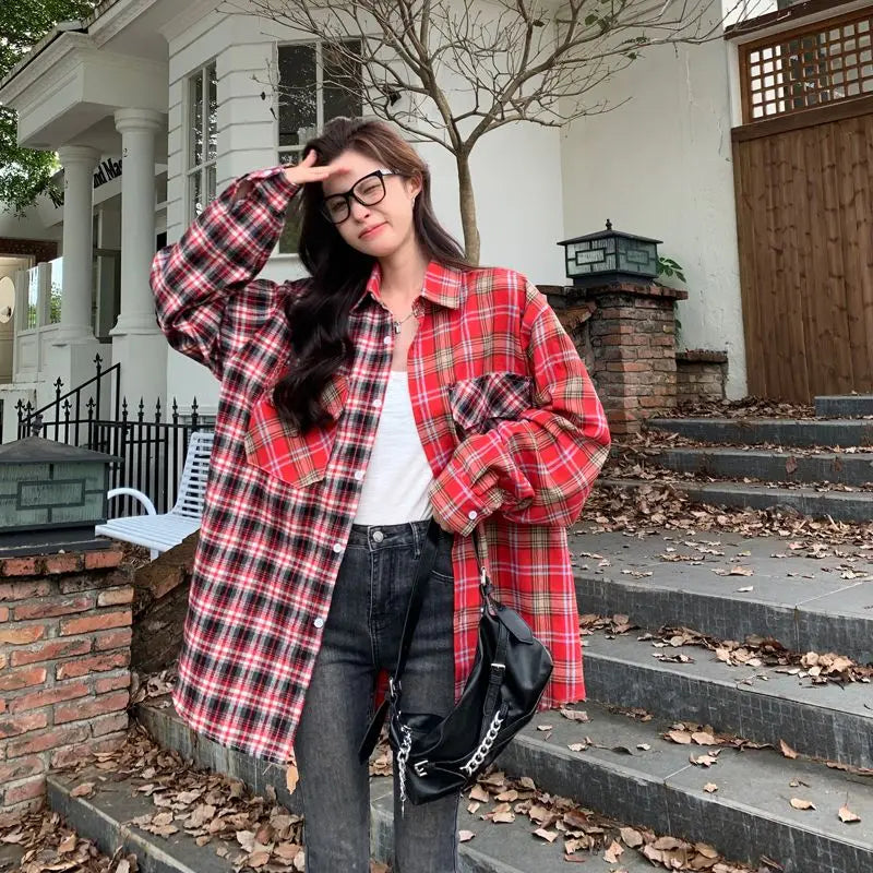 LIZAKOSHT  -  Vintage Plaid Patchwork Shirt Spring Autumn Women's New High Street Versatile Cardigan Fashion Loose Y2K Top