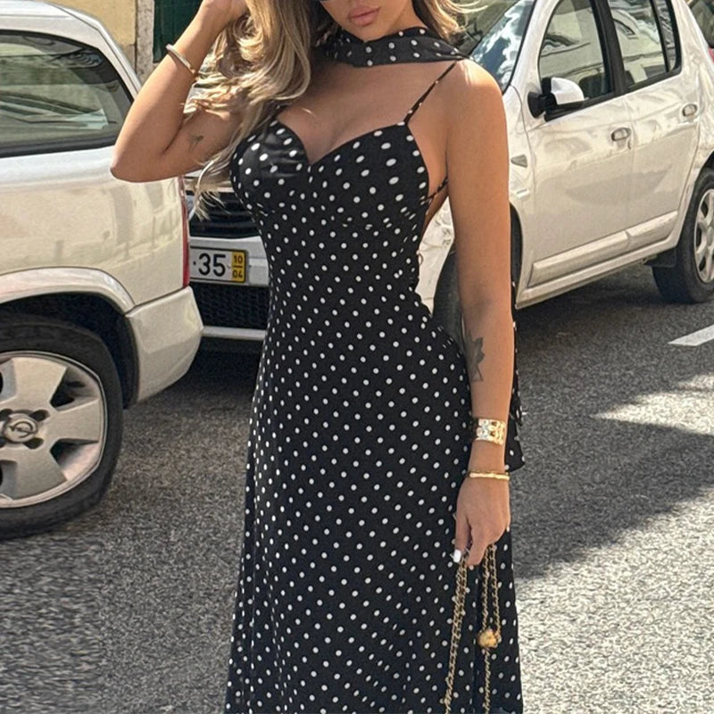 LIZAKOSHT  -  Temperament Vintage Polka Dot Print V-neck Open Back Sleeveless Long Dress With Ribbon Women's Vacation Party Vestidos