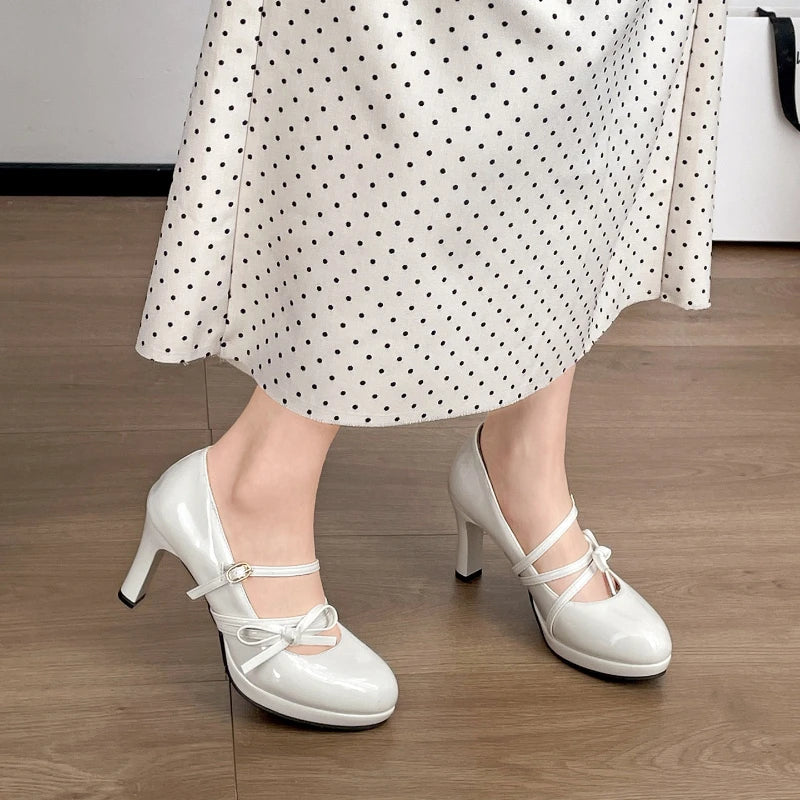 LIZAKOSHT  -  Platform Thick Heel Women JK Mary Jane Shoes Fashion Banquet Party Pumps New Spring Women's Butterfly-knot Dress Leather Shoes