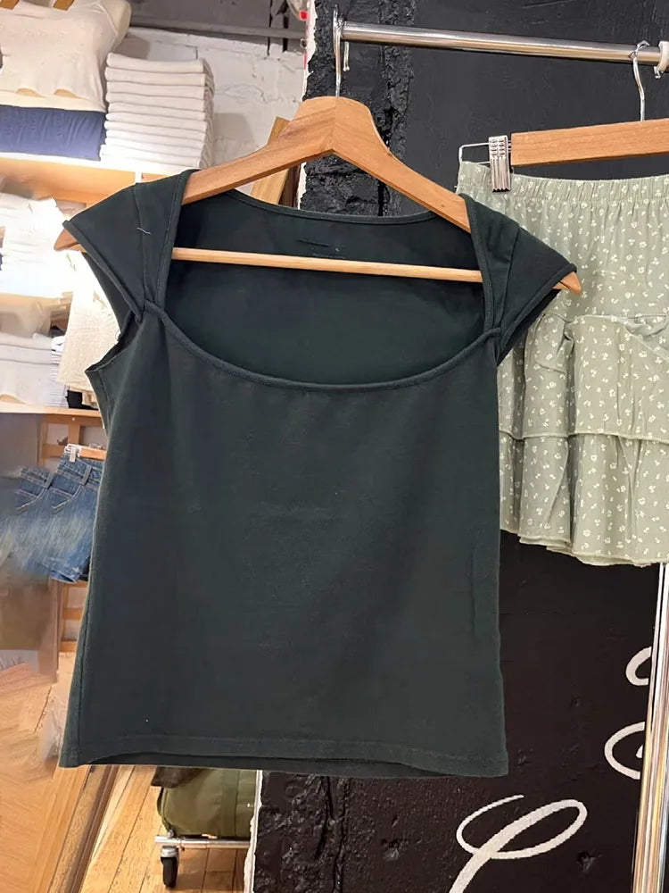 LIZAKOSHT  -  Polka Dot Sleeveless Slim T-shirt Women Summer Sexy Square Collar Black Cotton Tees Preppy Style Cute Streetwear Crop Top Y2k