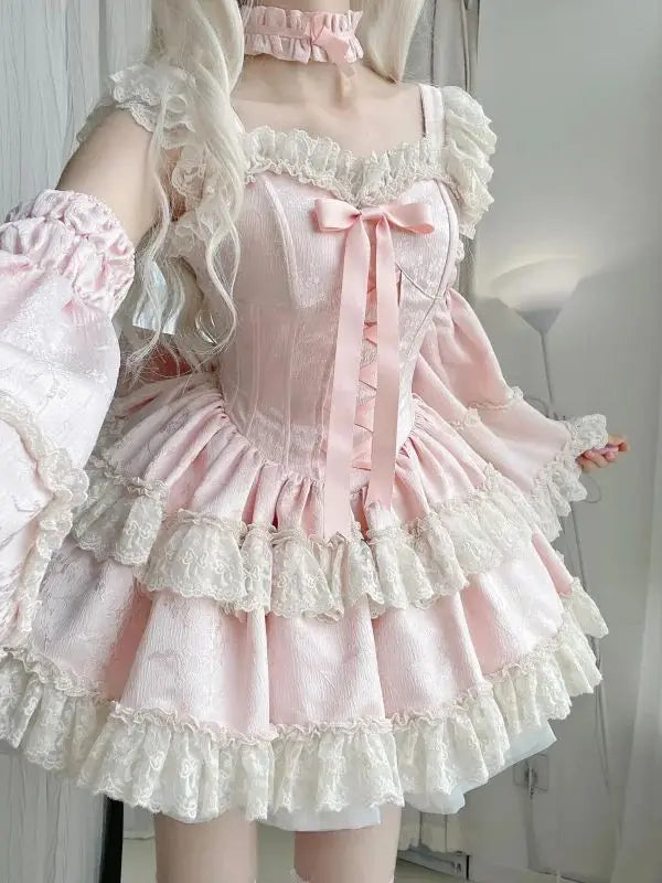 LIZAKOSHT  -  Japan Sweet Lolita Jsk Dress Women Elegant Ruffles Lace Bandage Princess Strap Dresses Girls Y2k Kawaii Tea Party Mini Dress