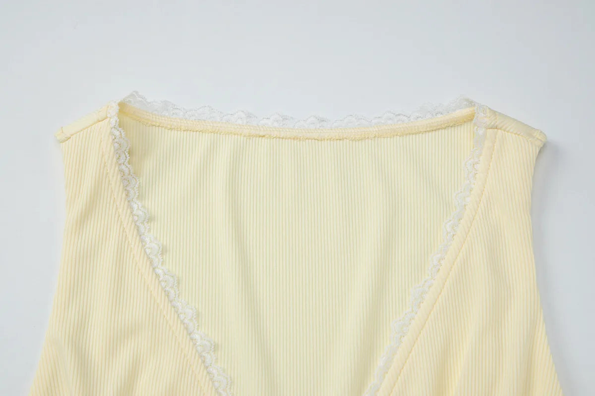 LIZAKOSHT  -  Woman Clothes Deep V-neck Yellow Tank Tops Sexy Sleeveless Lace Patchwork T-shirt Girls Y2K Corset Top Streetwear