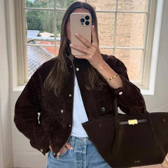 LIZAKOSHT  -  Vintage Suede Bomber Jacket For Women Brown Short Coat High Collar Long Sleeves With Pockets Overcoat New Autumn Winter