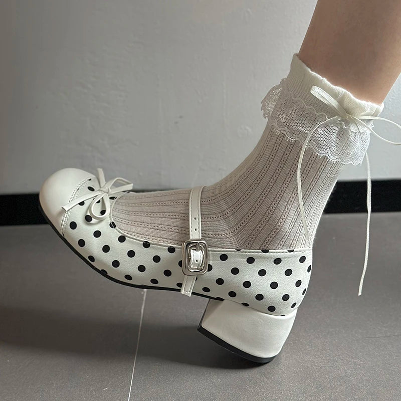 LIZAKOSHT  -  Cute Polka Dot Thick Heel Women Mary Jane Shoes Designer Buckle Strap Pumps Ladies Eelgant Butterfly-knot Dress Single Shoes