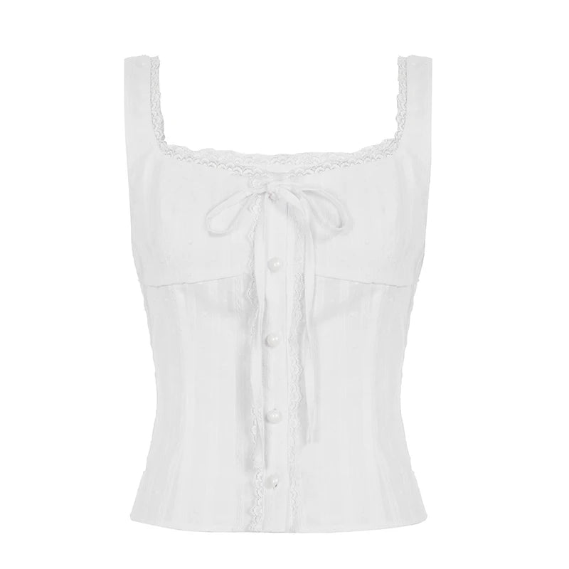 LIZAKOSHT  -  Textured Fabric Lace Trim Tank Top Elegant Tie-up Bow Single-breasted Sleeveless Tops French Style Slimming Camisole