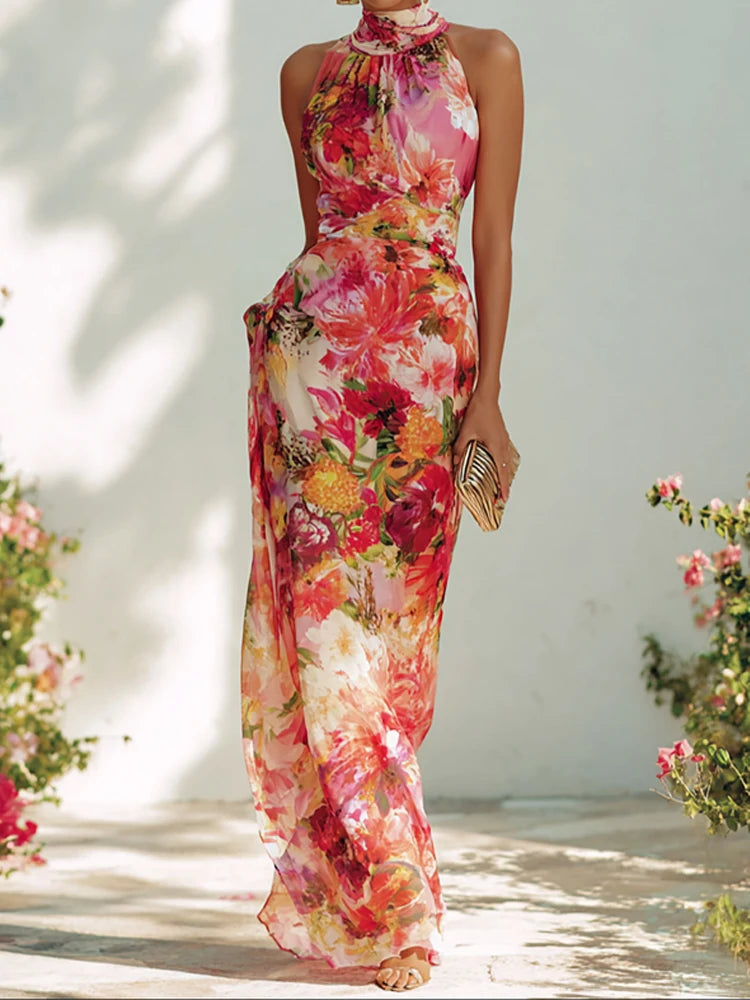 LIZAKOSHT  -  Elegant Sleeveless Hight Waist Holiday Long Dress Women Fashion Draped Summer Dress Sexy Halter Floral Print Bohe Bodycon Dress