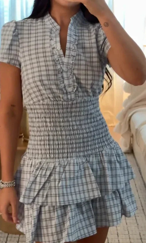 LIZAKOSHT  -  Plaid Waist Cinching A-line Dress Women Casual Short Sleeve V-neck Layered Pleated Mini Dresses Lady Holiday Street Robes