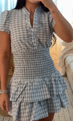 LIZAKOSHT  -  Plaid Waist Cinching A-line Dress Women Casual Short Sleeve V-neck Layered Pleated Mini Dresses Lady Holiday Street Robes