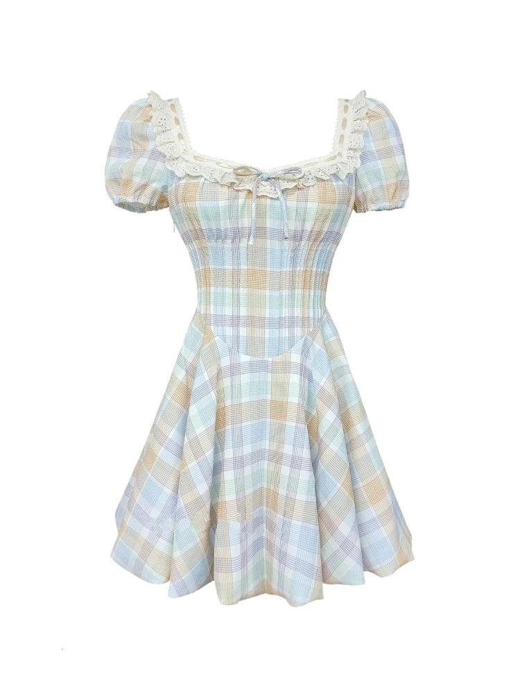 LIZAKOSHT  -  Summer Sweet Dopamine Slim Plaid Dress Women Fashion Design Square Neck Short Sleeve Dresses Elegant Bow Pretty Flower Bud Dress