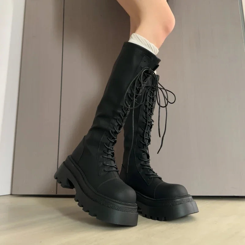 LIZAKOSHT  -  Flats Platform High Boots Women's Designer Shoes for Woman Winter Knee High Boots Lace Up Trend Goth Fashion Boots Femme