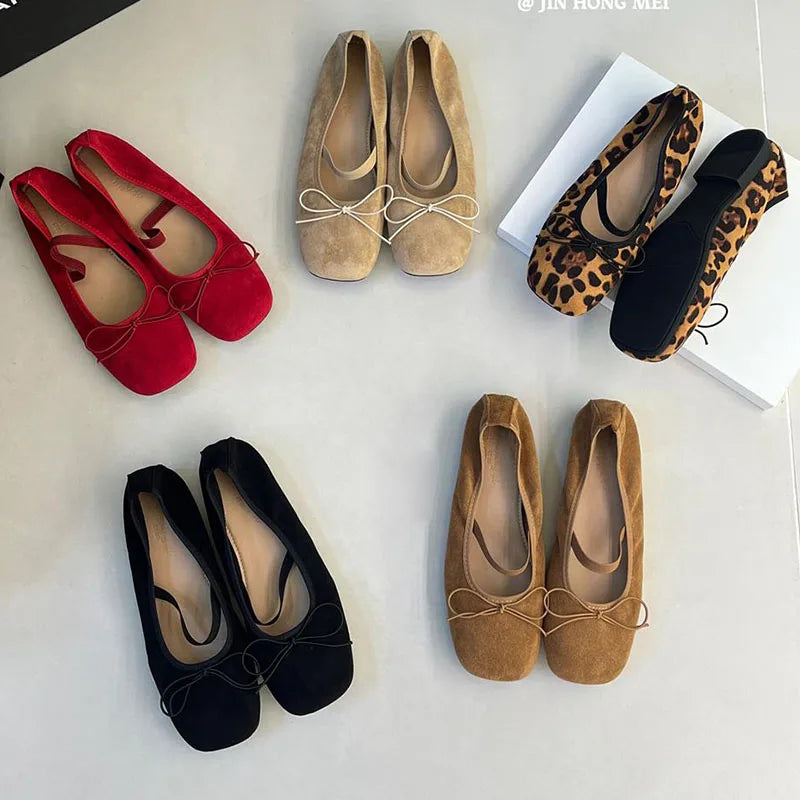 LIZAKOSHT  -  Flats Ballet Shoes Fashion Square Toe Shallow Bow Knot Ballerina Soft Casual Loafers Comfort Moccasins Leopard Print Shoes