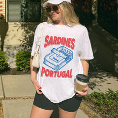 LIZAKOSHT  -  Vintage Aesthetic Tinned Fish Tshirt Cute Foodie Graphic Tee Portugal Sardine T-Shirts Women Unisex Loose Travel Vacation Tops