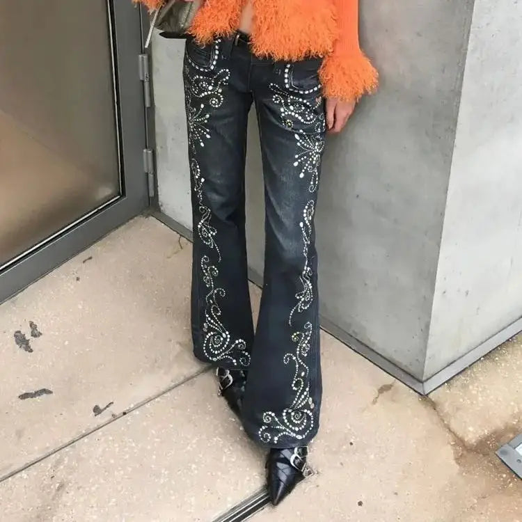 LIZAKOSHT  -  American Jeans Hot Girl Printed Gem Pattern Women New Design Micro-Flared Floor-Length Trousers