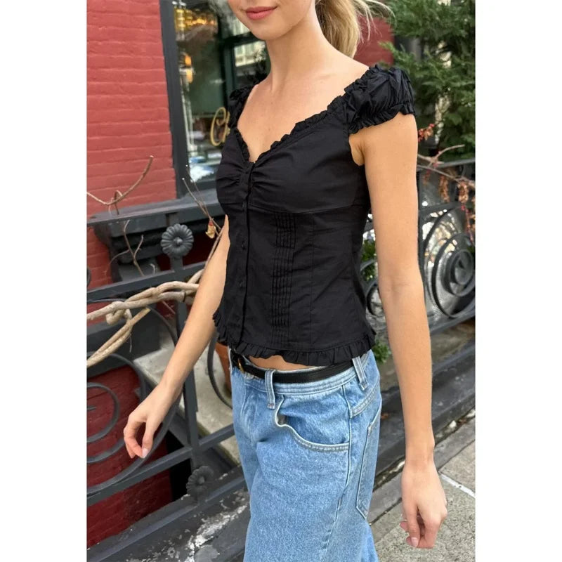 LIZAKOSHT  -  y2k Tank Top Women Summer Clothes Solid Color Cap Sleeve Button Down Slim Fit Frill T Shirt 2000s Vest Streetwear