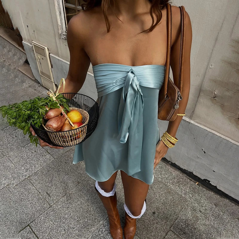 LIZAKOSHT  -  Strapless strap satin solid color sleeveless dress spicy girl street style summer new fashionable mini dress