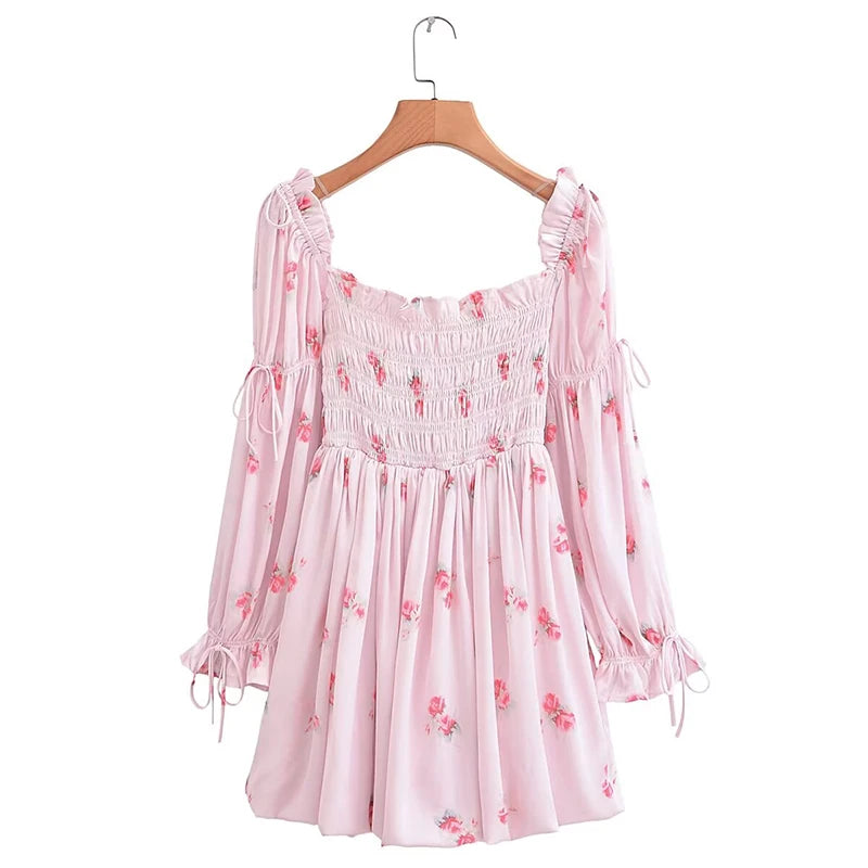 LIZAKOSHT  -  Sweet Women Pink Floral Print Long Sleeve Holiday Party Princess Mini Dress Summer 2024 Robe