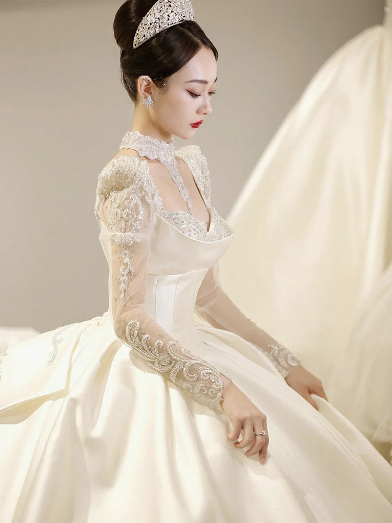 LIZAKOSHT  -  Satin Luxury Wedding Dresses Illusion O Neck Applique Sequined Beads Full Sleeve A Line Robe De Mariée Vestido Bow Bridal Gowns