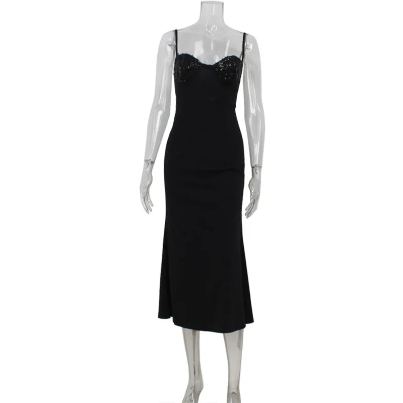LIZAKOSHT  -  Women's New Fashionable and Elegant Sleeveless Strap with sequins Splicing Waist cinching and slimming Dress