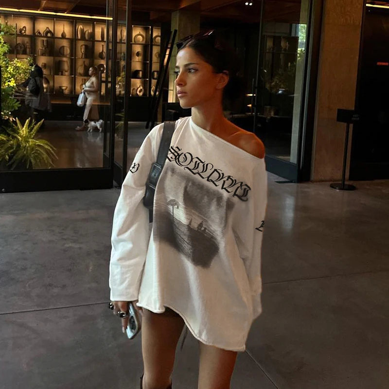 LIZAKOSHT  -  Vintage Letter Print Casual Tops Streetwear Off Shoulder Full Sleeve T-shirts All-match American Style Long Tees Autumn