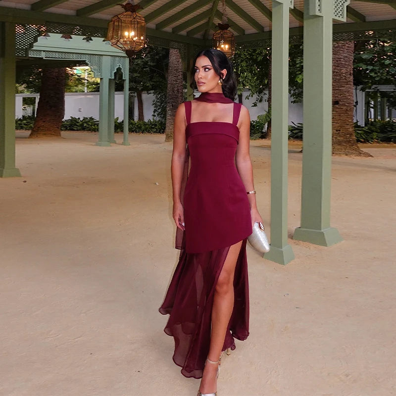 LIZAKOSHT  -  Sexy Solid Ruffles Sling Dress Women Sleeveless Backless Empire V-neck Long Party Dresses Female Spring Chic Lady A-line Robes
