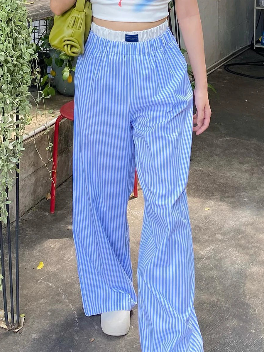 LIZAKOSHT  -  Women's Casual Stripe Trousers Loungewear Elastic High Waist Letter Sign Wide Leg Pants with Pockets for Streetwear Y2K