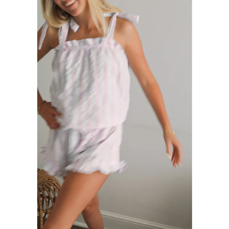 LIZAKOSHT  -  y2k Pajamas Set Women Summer Striped Ruffle Trim Sleeveless Tank Tops and Drawstring Elastic Waist Shorts Loungewear