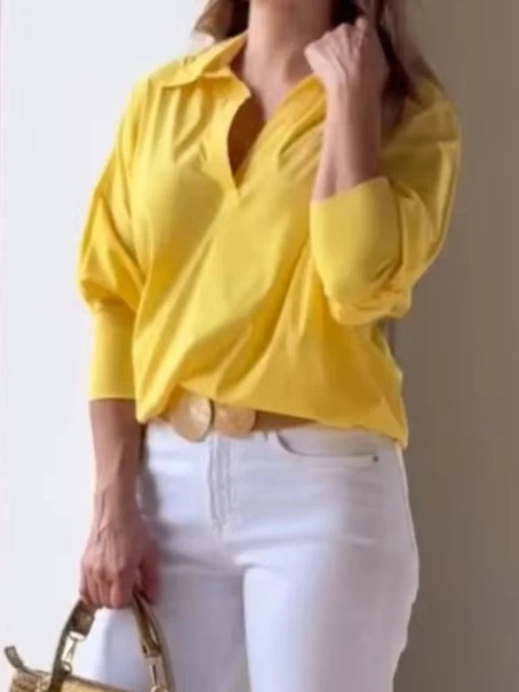 LIZAKOSHT  -  Women Elegant Solid Color Cotton Blouse Summer Casual V Neck Loose Shirt Trendy Lapel Office Lady Shirts Tops 2025 New
