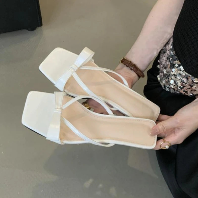 LIZAKOSHT  -  Sweet Narrow Strap Low Heeled Women Slippers Fashion Bowknot Backless Brand Sandals 2025 Elegant Party Designer Beach Shoe Pumps