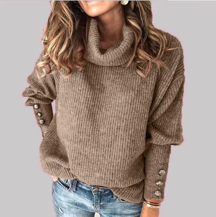 LIZAKOSHT  -  Solid Color Fashion Autumn Winter Women's New Button Hoodie High Collar Knitted Shirt Casual Comfortable Long Sleeve Top