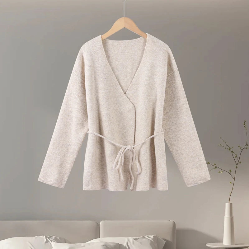 LIZAKOSHT  -  Casual Knit Cardigan Women Loose V Neck Long Sleeves Lace Up Sweater Coats Female 2025 Autumn Winter Solid Soft Chic Knitwears
