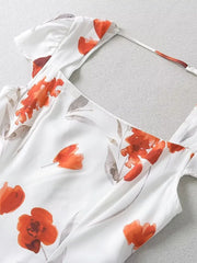 LIZAKOSHT  -  Summer New Flower Printed Square Collar High Waist Slim Dress Short Skirt