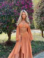 LIZAKOSHT  -  Women Sexy Pleated Cropped Top Skirt Sets Long Lantern Sleeve Off Shoulder Bust Wrapped Tops Dress Suits New Lady Party Outfits