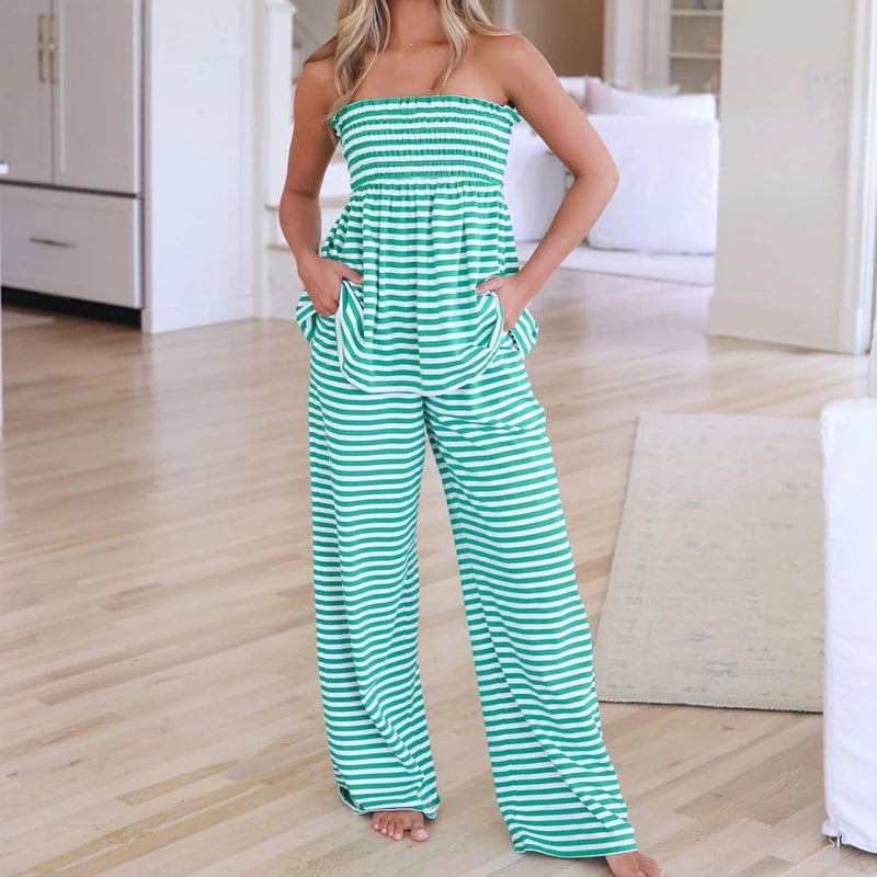 LIZAKOSHT  -  Womens Striped Two Piece Sets Summer Lounge Outfits Babydoll Tube Top and Pants Matching Set Beach Vacation Travel Clothes