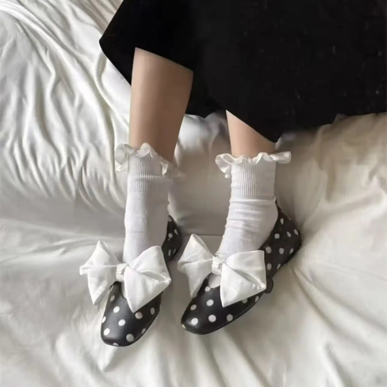 LIZAKOSHT  -  French Butterfly Knot Mary Jane Shoes Women's New Spring Retro Polka Dot Slip-On Flat Heel Fashionable round Toe Satin Surface
