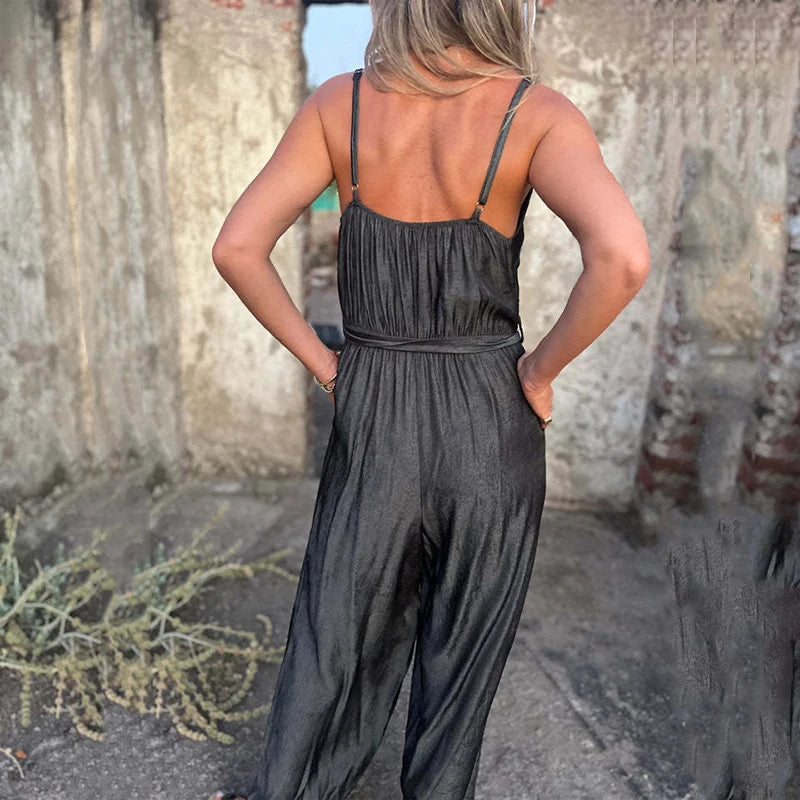 LIZAKOSHT  -  Spring Summer Sleeveless Boho Jumpsuits Women U Neck Button Pocket Sling Playsuit Summer Backless Wide Leg Pants Romper Overalls