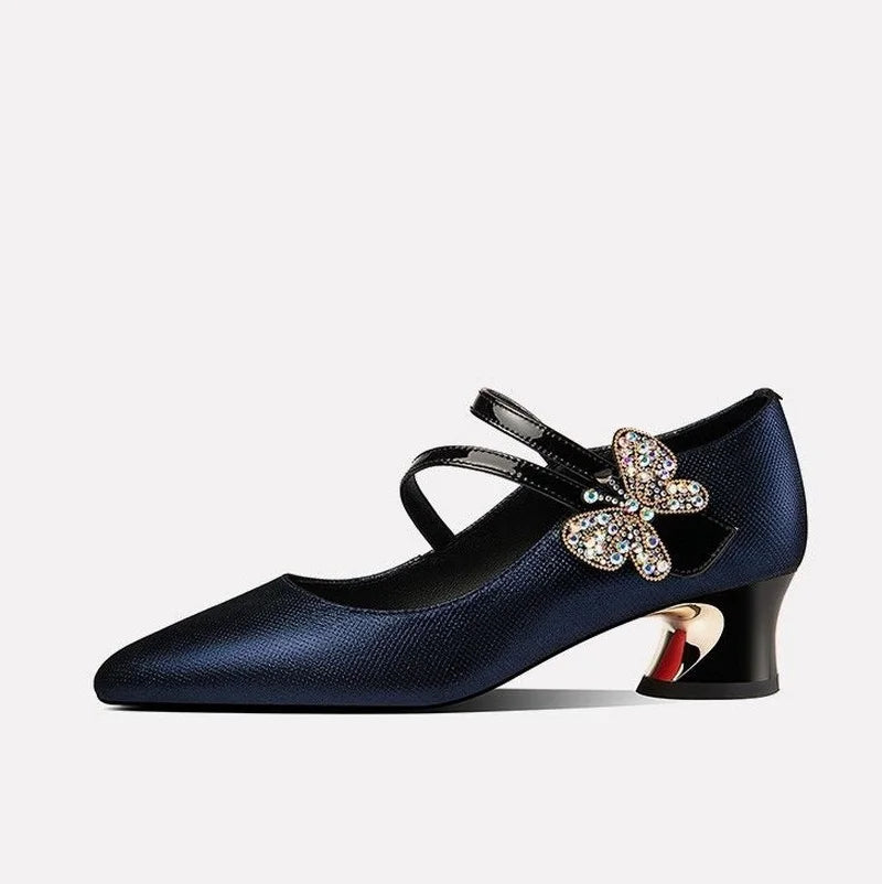 LIZAKOSHT  -  Leather Mid Heels,Office Lady Work Shoes,Women Pumps,Rhinestone Bowtie,Vogue Pointed Toe,34-40,Blue,Black,Dropship