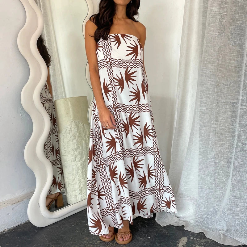 LIZAKOSHT  -  Beach Holiday Strapless Maxi Tube Dress Vintage Fruit Print Backless Swing Loose Dress Women Summer Boho Off Shoulder Long Dress