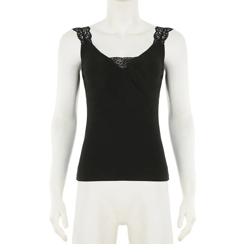 LIZAKOSHT  -  New Retro Dark Elegant Fashion Lace Stitch Sleeveless T-shirts Gothic Women Pleat V-neck Slim Tank Tops Y2K Aesthetic Vest