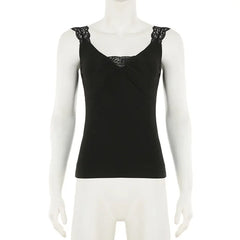 LIZAKOSHT  -  New Retro Dark Elegant Fashion Lace Stitch Sleeveless T-shirts Gothic Women Pleat V-neck Slim Tank Tops Y2K Aesthetic Vest
