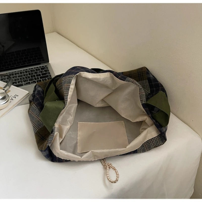 LIZAKOSHT  -  Fashion Plaid Texture Shoulder Bag Autumn Winter Wool Large Capacity Crossbody Bag Retro Lazy Style Lightweight Storage Bag
